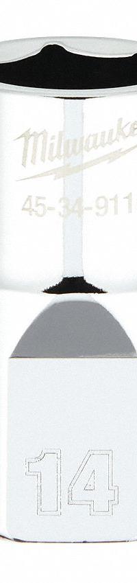 MILWAUKEE Standard Socket: Metric, 1/2 in Drive Size, 14 mm Socket Size, 6-Point, Std, Chrome (MPN 45-34-9115). Key specifications — attr1204417: MILWAUKEE; attr1204392: Chrome.