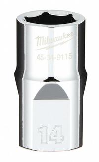 MILWAUKEE Standard Socket: Metric, 1/2 in Drive Size, 14 mm Socket Size, 6-Point, Std, Chrome (MPN 45-34-9115). Key specifications — attr1204417: MILWAUKEE; attr1204392: Chrome.