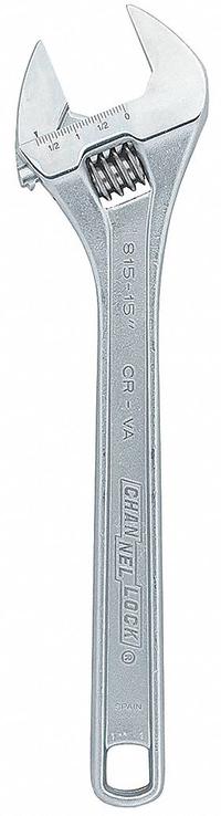CHANNELLOCK Adjustable Wrench: Alloy Steel, Chrome, 15 in Overall Lg, 1 1/2 in Jaw Capacity (MPN 815). Key specifications — attr309359: Chrome; attr324924: CHANNELLOCK; attr309358: Alloy Steel.