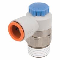 SMC Speed Control Valve: Elbow Fitting, Screw, 1/2 in Valve Body Size, 3/8 in Tube, Meter In (MPN AS4211F-N04-11S). Key specifications — attr947203: Brass/PBT; attr947205: SMC.