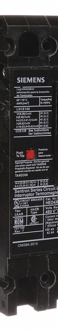 SIEMENS Molded Case Circuit Breaker: 90 A Amps, 42kA at 480V AC, Fixed, Load Side Lug, ABC, HED4 (MPN HED43B090). Key specifications — Phase Connection: ABC; Instantaneous Trip: Fixed; Terminal Connection: Load Side Lug; Series: HED4; Max. AIR Rating: 42kA at 480V AC.