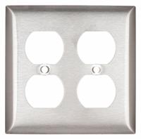 HUBBELL Wall Plate: Duplex Outlet, 2 Gang, Silver, Std Size (MPN SS82). Key specifications — Brand: HUBBELL; Material: Stainless Steel.