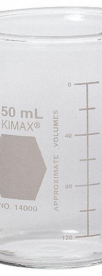 KIMBLE Beaker: 150 mL, 5.07 fl oz, A, Low Form, Type I, Colorless, Borosilicate Glass, Autoclavable (MPN 14000-150). Key specifications — attr1371034: Type I; attr1371051: KIMBLE; attr1371062: Colorless.