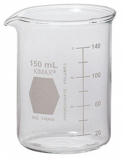 KIMBLE Beaker: 150 mL, 5.07 fl oz, A, Low Form, Type I, Colorless, Borosilicate Glass - Low Form Glass Beakers