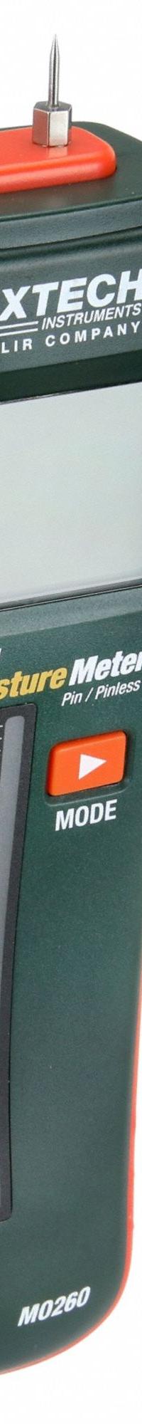 EXTECH Moisture Meter: Digital, LCD with Backlight, Pin/Pinless, Wood, Flat Pinless/Impact Pin (MPN MO260). Key specifications — attr999354: Digital; attr1009284: Impact Pin; attr1009272: Bar Graph Display; attr999347: Wood; attr999350: LCD with Backlight; attr999383: ±5% (of Readings); attr999345: EXTECH.