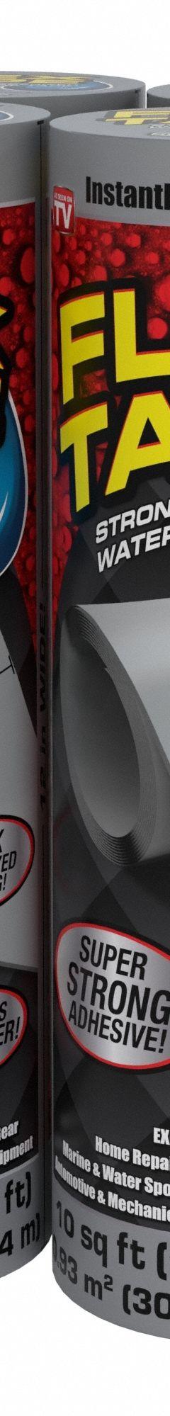 Roof Repair Tapes, Tools & Supplies: 12 in W, 10 ft L, 39 mil Thick, Gray, Rubber (MPN TFSGRYR1210). Key specifications — UV Protected Material: Yes; Color: Gray; Brand: FLEX SEAL; Compatible Surface Material: Glass; Material: Rubber.