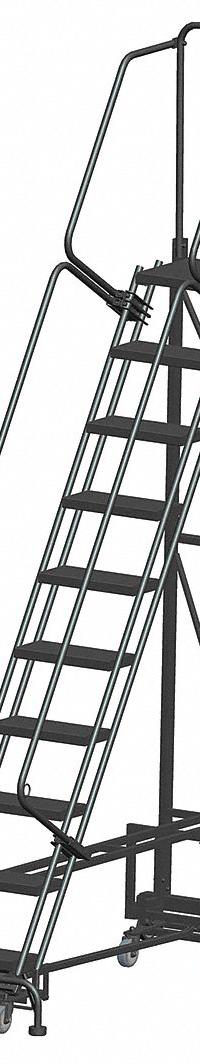 BALLYMORE Rolling Ladder: 8.3 ft Platform Ht, Unassembled, Steel, Wt-Actuated Step Lock, Antislip (MPN NAV-10RS). Key specifications — Folding: Not Foldable; Color: Gray; Brand: BALLYMORE; Handrail Configuration: Double Handrails.