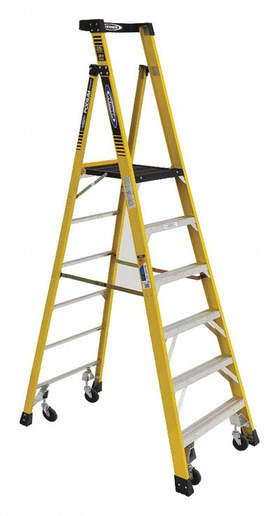 WERNER Podium Stepladder: 8 ft Ladder Size, Fiberglass, 375 lb Load Capacity - Rolling Podium Stepladders
