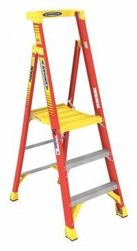 WERNER Podium Stepladder: 5 ft Ladder Size, Fiberglass, 300 lb Load Capacity, 21 lb Wt (MPN PD6203). Key specifications — Brand: WERNER; Included Features: Guard Rail.
