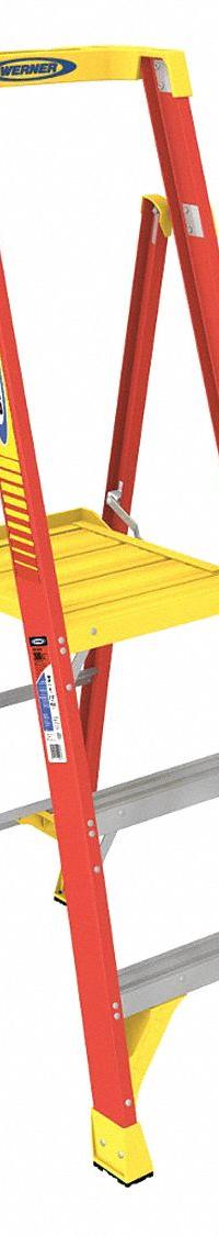 WERNER Podium Stepladder: 5 ft Ladder Size, Fiberglass, 300 lb Load Capacity, 21 lb Wt (MPN PD6203). Key specifications — Brand: WERNER; Included Features: Guard Rail.