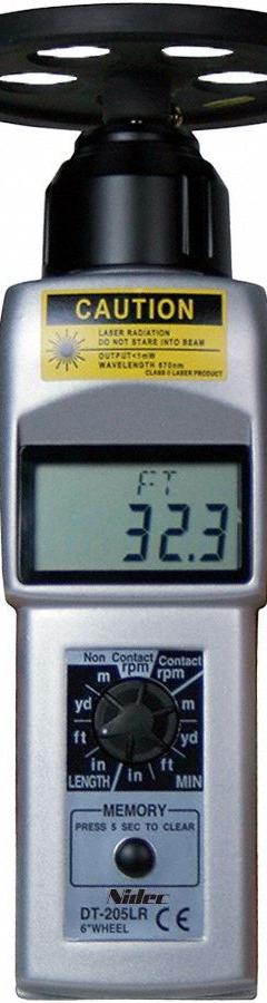 NIDEC-SHIMPO Tachometer: +/-0.006% RPM Accuracy, 1 RPM, 25,000 RPM Max Contact RPM, Included, NIST (MPN DT-205LR-S12). Key specifications — Includes: 3.5 in Extension Shaft; Brand: NIDEC-SHIMPO; Digital Display Screen Type: LCD; RPM Accuracy: +/-0.006%; RPM Resolution: 1 RPM; Calibration Certificate: Included.