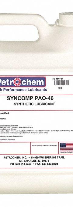 PETROCHEM Compressor Oil: 1 gal, Jug, 15 SAE Grade, 46 ISO Viscosity Grade, 134 Viscosity Index (MPN SYNCOMP PAO-46-001). Key specifications — attr59744: 134; attr59746: 46; attr59736: No; attr59735: Jug; attr59738: Syncomp PAO-46; attr59749: 15.