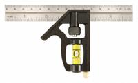 JOHNSON LEVEL Combination Square: Inch/Metric, Stainless Steel, 3 1/2 in, 6 in x 0.85 in, Cast Zinc (MPN 406EM). Key specifications — attr936159: 1 mm; attr936166: Cast Zinc; attr936169: Scriber; attr934771: JOHNSON LEVEL; attr936157: Printed.