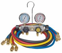 DAYTON Manifold Gauge Set: 4 Valves, 4 Hoses, 2 3/4 in Gauge, For R-12/R-22/R-502 (MPN 4PDG2). Key specifications — Hose Connection Type: SAE; Product Type: Manifold Gauge Set; For Refrigerant Type: R-502; Brand: DAYTON; Includes: Hanging Hook; Gauge Boots: Yes; Sight Glass: Yes.