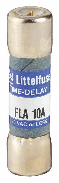 LITTELFUSE Fuse: FLA Series, Midget, Time-Delay, 10 A, 125 V AC, 13/32 in x 1 1/2 in, Indicating (MPN FLA010). Key specifications — Series: FLA; Brand: LITTELFUSE.
