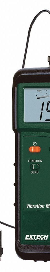 EXTECH Vibration Meter Kit: Vibration, 10 to 1 KHz, 7.87 in/sec Max Velocity Measured, LCD, RS-232 (MPN 407860). Key specifications — Brand: EXTECH; Accuracy: +/-5%; Includes: Carrying Case; Digital Display Screen Type: LCD; Frequency Ranges: 10 to 1 KHz; Certificate of Calibration: Not Included.