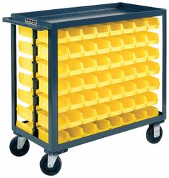 DURHAM MFG Bin Cart: 1,200 lb, 112 Bins/Tubs, 2 Shelves, Gray, 42 1/2 in L x 18 1/2 in W x 38 in H (MPN RSC-1836-BLP-112-220-95). Key specifications — Color: Gray; Caster/Wheel Configuration: (2) Rigid; Bin Color: Yellow; Brand: DURHAM MFG.