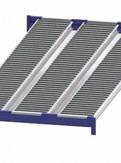 UNEX ROLLER RACK Gravity Flow Shelf: Tilt, 48 in x 96 in x 2 5/8 in, 3,000 lb Shelf Capacity, Steel (MPN RR99S2R4X8-L). Key specifications — Shelf Angle: Tilt; Finish: Powder Coated; Material: Steel; Brand: UNEX ROLLER RACK.