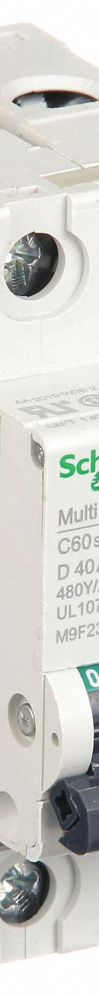 SCHNEIDER IEC Supplementary Protector: 40 A Amps, 10kA at 240V AC, Screw Clamp, C60SP, D (MPN M9F23240). Key specifications — attr195785: Screw Clamp; attr195787: 240/415/440V AC; attr195786: D; attr195783: Not Rated; attr195784: 10kA at 240V AC; attr215906: C60SP; attr211128: SCHNEIDER.