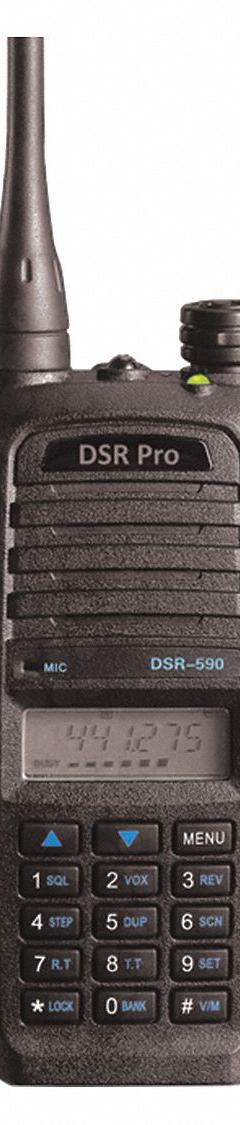 DSR PROSERIES Handheld Two Way Radio: DSR-590 Series, VHF, Analog, 5 W, 128 Channels, Alphanumeric (MPN DSR-590-VHF). Key specifications — Color: Black; FCC License Required: Yes.