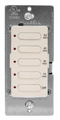 HUBBELL WIRING DEVICE-KELLEMS Countdown Timer: 1 hr Max, 15 min Min, SPST, 120/277V AC, Light Almond (MPN DT5060LA). Key specifications — Brand: HUBBELL WIRING DEVICE-KELLEMS; Includes Hold: No Hold Included.