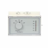 EMERSON Low Voltage Thermostat: Heat and Cool, Manual, A/B/G/O/RC/RH/W/Terminal Designations (MPN 1F56N-444). Key specifications — Application: Heat and Cool; Key Features: Vibration Resistant; Temperature Differential: 1°F Heating, 1.5°F Cooling; Voltage: 20 to 30V AC; Terminal Designations: Y; System Settings: Cool-Heat-Off; Temperature Control Range: 50° to 90°F; Changeover Type: Manual.