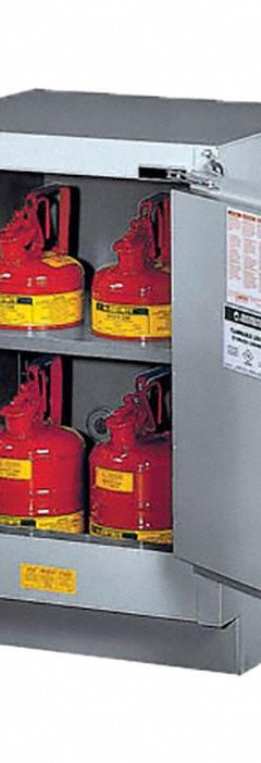 JUSTRITE Flammable Cabinet: 21 5/8 in Overall Dp, 24 in Overall Wd, 35 3/4 in Overall Ht, Steel (MPN 882424). Key specifications — Color: Silver; Material: Steel; Brand: JUSTRITE; Compatible with Product Type: Benches; Door Type: Self-Closing; Mobility: Stationary; Product Type: Flammable Cabinet.