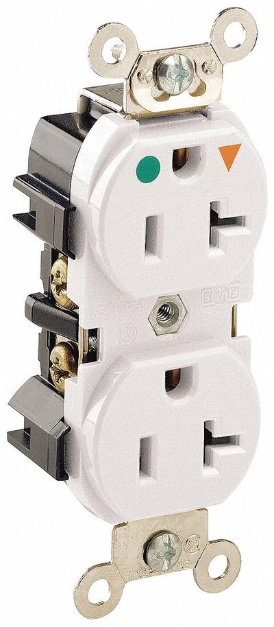 LEVITON Receptacle: Hospital Grade Fed. Spec., Duplex, 5-20R, White, 125V AC, 20 A - General Purpose Receptacles