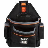 KLEIN TOOLS Tool Pouch: 11 in W x 5 in D x 12 1/4 in H, 9 Pockets, For 2 1/2 in Belt Wd - Max, Clip (MPN 55835MB). Key specifications — attr1135822: Polyester; attr1201302: Screwdrivers; attr1124797: KLEIN TOOLS; attr1135821: Black/Gray/Orange; attr1135832: Clip.