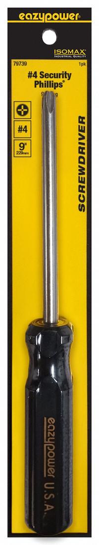 EAZYPOWER Screwdriver: Security Phillips Series, Steel, #4 Tip Size, 5 in Shank Lg, 9 in Overall Lg (MPN 79739). Key specifications — attr1205107: #4; attr1205112: EAZYPOWER.