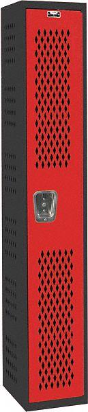 HALLOWELL Wardrobe Locker: 12 in x 18 in x 72 in, Ventilated, 1 Tiers, 1 Units Wide, Padlock Hasp (MPN AWA282-1MR). Key specifications — Brand: HALLOWELL; Locker Color: Red/Black; Door Type: Ventilated; Locker Material: Steel; Assembled: Assembled; Number Plate Included: Yes.
