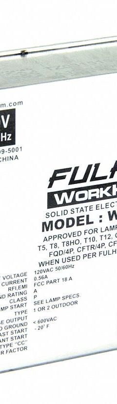 FULHAM Fluorescent Ballast: 120V AC, 1/2 Lamps Supported, 3 7/8 in Overall Lg, 1 1/2 in Overall Wd (MPN WH3-120-C). Key specifications — attr1125022: (1) F40T12U; attr239899: FULHAM; attr1125144: 2.