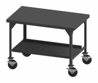 DURHAM MFG Work Table: Fixed Ht, Steel, 60 in x 36 in, 5,600 lb Overall Load Capacity (MPN HDWBM-3660-8PHSB-95). Key specifications — Unit Type: Not Expandable or Modular; Includes: (2) Drawer Mounting Brackets; Assembly: Fully Assembled; Wheel Material: Phenolic; Frame Material Finish: Powder Coated; Mobility: Casters; Height Adjustability: Fixed Height; Caster Type: (4) Swivel Locking.