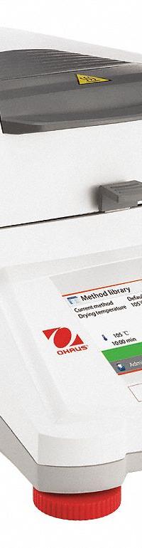 OHAUS Moisture Analyzer: 120 g Max Capacity, 40°C to 230°C, Halogen, RS232/USB, Touchscreen (MPN MB120). Key specifications — Display Type: Touchscreen; Brand: OHAUS; Interface: USB; Moisture Measurement Repeatability: 0.010 % to 100.000 %; Readability: 0.01 %.