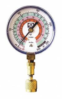 JB INDUSTRIES Low Side Gauge: Low Side Gauge, -14.7 psi to 500 psi, Non-Liquid Filled, 3 1/8 in Dia (MPN QC-G820). Key specifications — Brand: JB INDUSTRIES; Accuracy: ± 1%; Color: Blue; Calibration Certificate Type: Not Certified; For Refrigerant Type: R-404A.