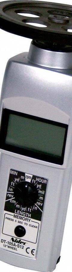 NIDEC-SHIMPO Tachometer: +/-0.006% RPM Accuracy, 1 RPM, 25,000 RPM Max Contact RPM, Included, NIST (MPN DT-105A-S12). Key specifications — Includes: Master Wheel (6 in cir.); Brand: NIDEC-SHIMPO; Digital Display Screen Type: LCD; RPM Accuracy: +/-0.006%; RPM Resolution: 1 RPM; Calibration Certificate: Included.