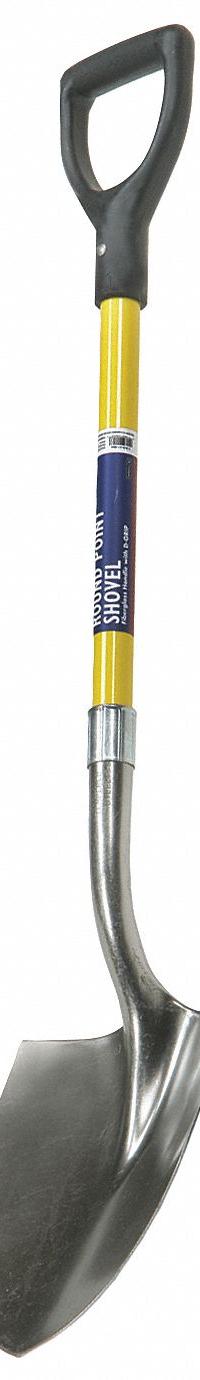 ABILITY ONE Round Point Shovel: Steel Blade, 14 ga, D-Grip Handle Type, Fiberglass Handle (MPN 5120-01-611-8064). Key specifications — Blade Color: Gray; Handle Color: Yellow; Blade Material: Steel.