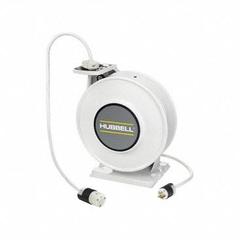 HUBBELL WIRING DEVICE-KELLEMS Extension Cord Reel: Ratchet Lock, 45 ft Cord Lg, 12 AWG, SJO, 5-20P (MPN HBLIWC45123C20HG). Key specifications — Retractable Cord Ending NEMA Configuration: 5-20R; Feeder Cord Ending NEMA Configuration: 5-20P; Brand: HUBBELL WIRING DEVICE-KELLEMS.