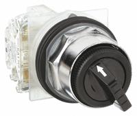 SCHNEIDER Selector Switch: 30 mm Panel Mounting Size, 2 Positions, Short Lever, 1NC/1NO, Metallic (MPN 9001KS11BH13). Key specifications — AC Contact Rating: 3 A @ 240 V; Action: Maintained/Maintained; Cam: E; DC Contact Rating: 0.1 A @ 600 V; Hazardous Location Specification: Not Rated; Operator Head Material: Polycarbonate; Operator Head Type: Short-Handled Knob; Operator Illumination: Non-Illuminated.