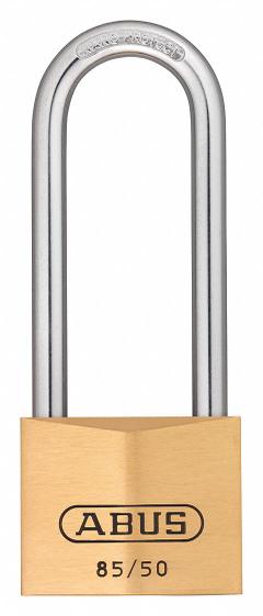 ABUS Padlock: Brass, Unfinished, Gold, Long Shackle, Steel, 3 5/32 in Vert Clearance, 88 Series (MPN 85HB/50 MK KD). Key specifications — attr1312298: 88 Series; attr1312306: 504; attr1312342: Yes; attr1312346: ABUS.