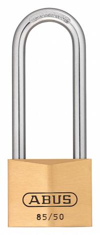 ABUS Padlock: Brass, Unfinished, Gold, Long Shackle, Steel, 3 5/32 in Vert Clearance, 88 Series (MPN 85HB/50 MK KD). Key specifications — attr1312298: 88 Series; attr1312306: 504; attr1312342: Yes; attr1312346: ABUS.