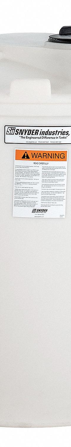 SNYDER INDUSTRIES Storage Tank: Single Wall, Vertical, 330 gal, Closed Top, 3/16 in Wall Thick, HDPE (MPN 5750100N97206). Key specifications — Construction Material: HDPE; Brand: SNYDER INDUSTRIES.