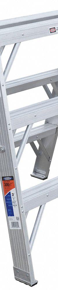 WERNER Step Stool: 3 Steps, 3 ft Overall Ht, 300 lb Load Cap, Aluminum, 11 in Standing Ht (MPN TW373-30). Key specifications — Brand: WERNER; Color: Silver.
