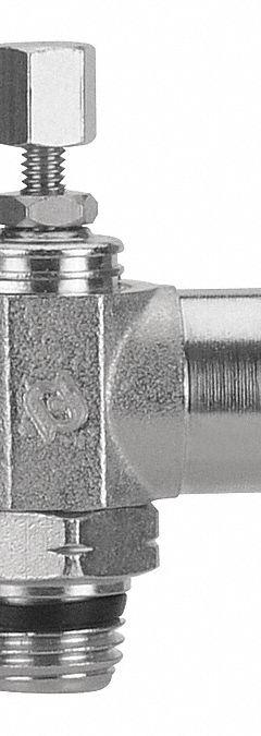 AIGNEP USA Universal Flow Control: Elbow Fitting, Knob, 1/4 in Valve Body Size, 1/4 in Tube (MPN 88977-04-04). Key specifications — attr947203: Stainless Steel; attr947205: AIGNEP USA.