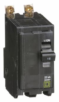 SQUARE D Miniature Circuit Breaker: 15 A, 120/240V AC, Single Phase, 22kA at 120/240V AC, 2 Poles (MPN QOB215VH). Key specifications — Phase: Single; Amps: 15 A; AC Voltage Rating: 120/240V AC; Max. AIR Rating: 22kA at 120/240V AC; For Use With: Square D NQOD Panelboards; Brand: SQUARE D.