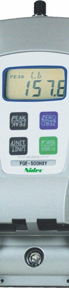 NIDEC-SHIMPO Digital Force Gauge: 500 lbf Max Force Measured, 0.1 lbf Min Force Measured, kg/lb, LCD (MPN FGE-500HXY). Key specifications — attr1002785: N; attr1002770: LCD; attr1002779: AC Adapter; attr1002768: NIDEC-SHIMPO; attr1002775: +/-0.2% FS; attr1034781: ROHS Compliant.
