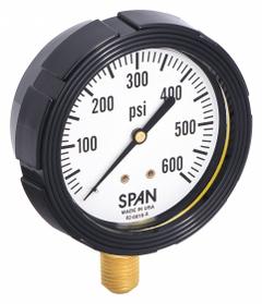 SPAN Pressure Gauge with Internal Seal: 0 psi to 600 psi, LFS-210, 2 1/2 in Dial, Buna-N, Brass, 4 (MPN LFS-210-600-G-KEMX). Key specifications — Brand: SPAN; Gauge Case Liquid: Glycerin; Seal Fill Liquid: Instrument Oil; Seal Lower Housing Material: Brass; Accuracy: ±1.00%; Gauge Wetted Parts: Brass / Copper.