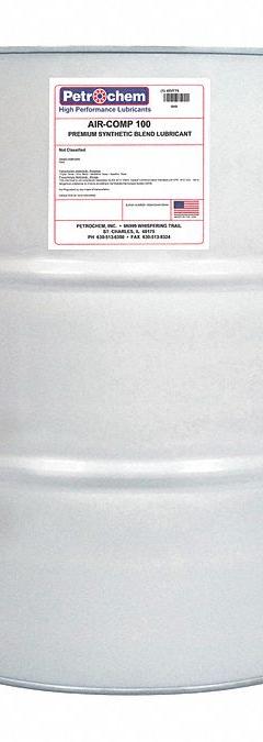 PETROCHEM Compressor Oil: 55 gal, Drum, 30 SAE Grade, 100 ISO Viscosity Grade, 97 Viscosity Index (MPN AIR-COMP 100-055). Key specifications — attr59744: 97; attr59746: 100; attr59736: No; attr59735: Drum; attr59738: Air-Comp Series; attr59749: 30.
