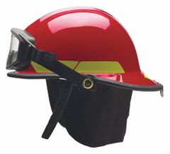 BULLARD Fire Helmet: Red, Fiberglass, Modern Rear Brim, Chin Strap (MPN FXSRDGFP2). Key specifications — Color: Red; Chin Strap: Yes; Brand: BULLARD; Shell Material: Fiberglass; Style: Modern Rear Brim; Suspension: Standard Sure-Lock(R) Ratchet Headband.