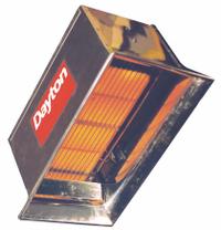 DAYTON Gas Infrared Flat Panel Heater: Propane, 30,000 BtuH Heating Capacity Input, 10 ft x 10 ft (MPN 3E460). Key specifications — Brand: DAYTON; Fuel Type: Propane; Clearance to Combustibles - Top x Below x Sides: 28 in x 72 in x 30 in; Floor Coverage @ Minimum Mounting Height: 10 ft x 10 ft; For Use Outdoors: Indoor Use Only; Min. Mounting Height: 9 to 10 ft; Overall Dimensions - H x W x D: 22-1/2 in x 12-3/4 in x 15-1/4 in.